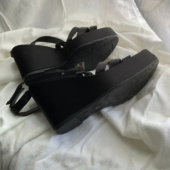 PEDRO GARCIA black satin platform strappy sandals