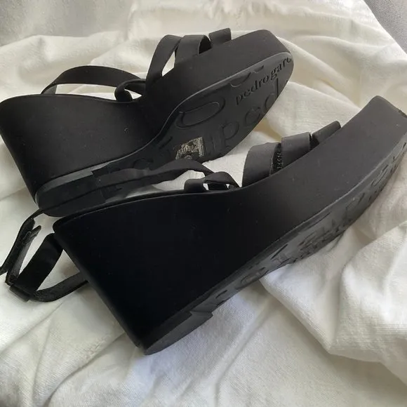 PEDRO GARCIA black satin platform strappy sandals