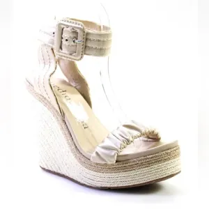 Pedro Garcia Saks beige satin ruffle wedge espadrille sandals 38/7.5
