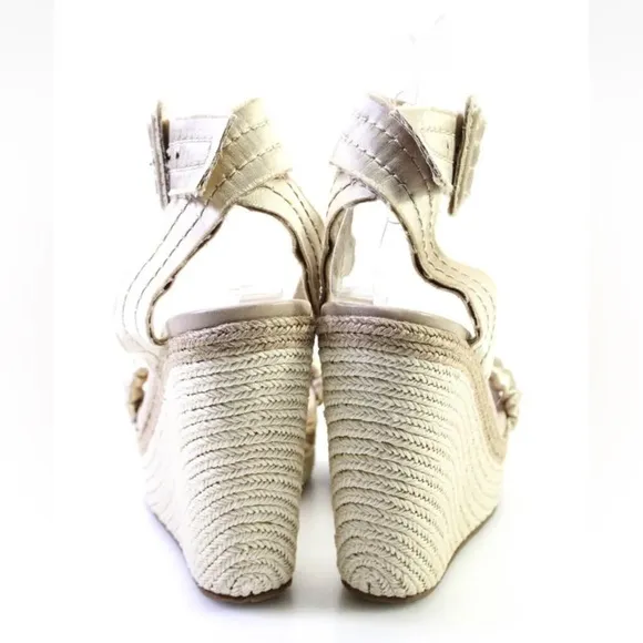 Pedro Garcia Saks beige satin ruffle wedge espadrille sandals 38/7.5