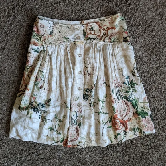 Peruvian Connection Floral A-Line Skirt – Size 6 – Cream &amp; Pink – Boho Chic