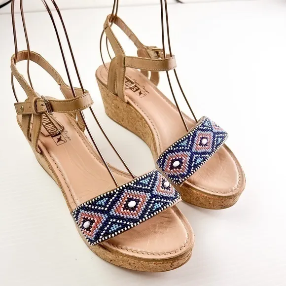 Pikolinos Womens Brown Punta Cana Sandals Size 40 Beaded Cork Platform Shoes