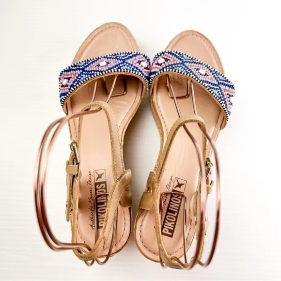 Pikolinos Womens Brown Punta Cana Sandals Size 40 Beaded Cork Platform Shoes