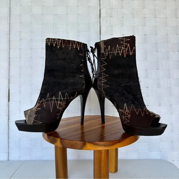 Pilar Burgos Peeped Toe High Heel Avant-Garde Black Stiletto Platform Booties 40