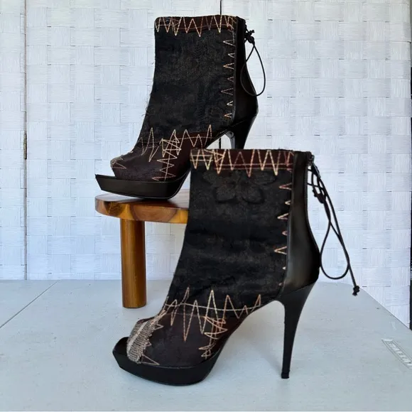 Pilar Burgos Peeped Toe High Heel Avant-Garde Black Stiletto Platform Booties 40
