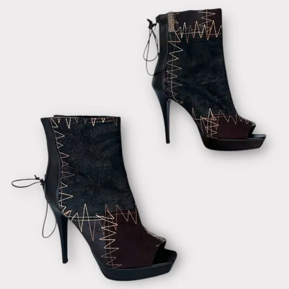 Pilar Burgos Peeped Toe High Heel Avant-Garde Black Stiletto Platform Booties 40