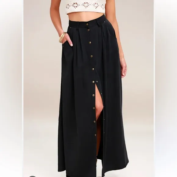 PISTOLA My Squad Washed Black Maxi Skirt Boho Chic Western Snap Front Size Small