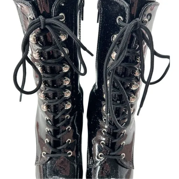 Pleaser Adore 1021GP Black Glitter Peep Toe Side Zip Platform Ankle Boots Size 7