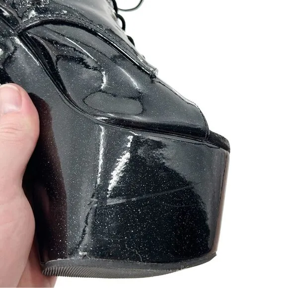Pleaser Adore 1021GP Black Glitter Peep Toe Side Zip Platform Ankle Boots Size 7