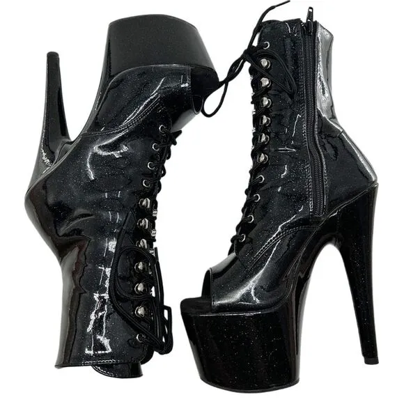 Pleaser Adore 1021GP Black Glitter Peep Toe Side Zip Platform Ankle Boots Size 7