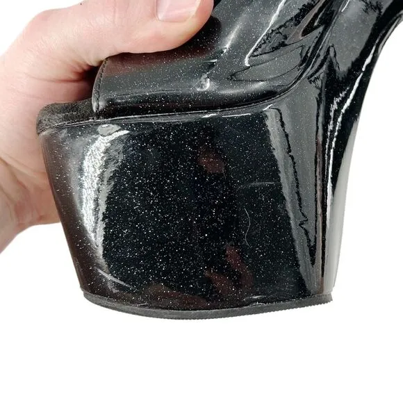 Pleaser Adore 1021GP Black Glitter Peep Toe Side Zip Platform Ankle Boots Size 7