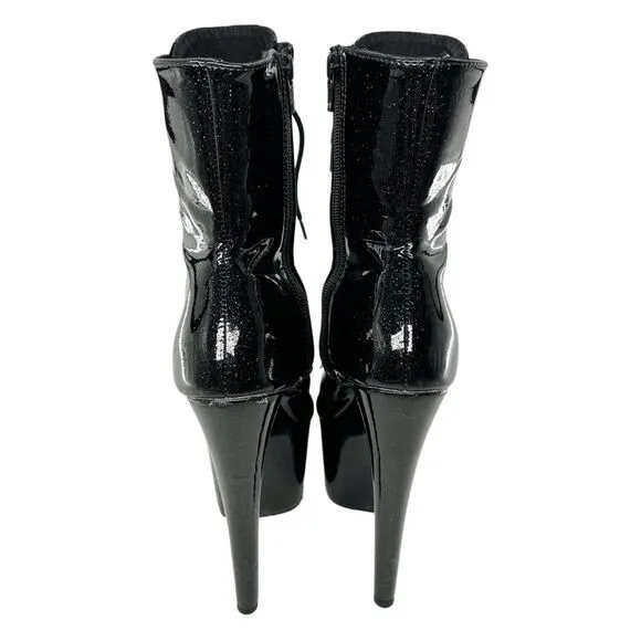 Pleaser Adore 1021GP Black Glitter Peep Toe Side Zip Platform Ankle Boots Size 7