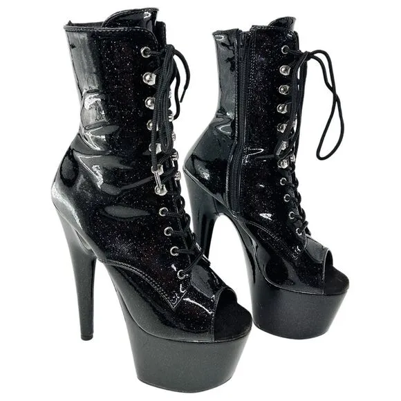 Pleaser Adore 1021GP Black Glitter Peep Toe Side Zip Platform Ankle Boots Size 7