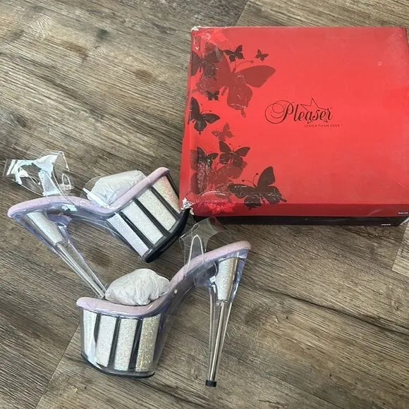 Pleaser Flamingo-808G Sexy Clear Opal Glitter Heel Platform Sandal Womens Size 6