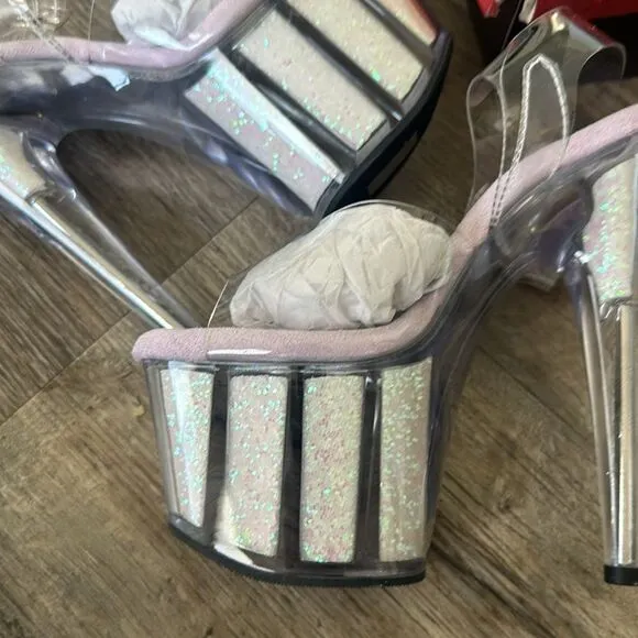 Pleaser Flamingo-808G Sexy Clear Opal Glitter Heel Platform Sandal Womens Size 6