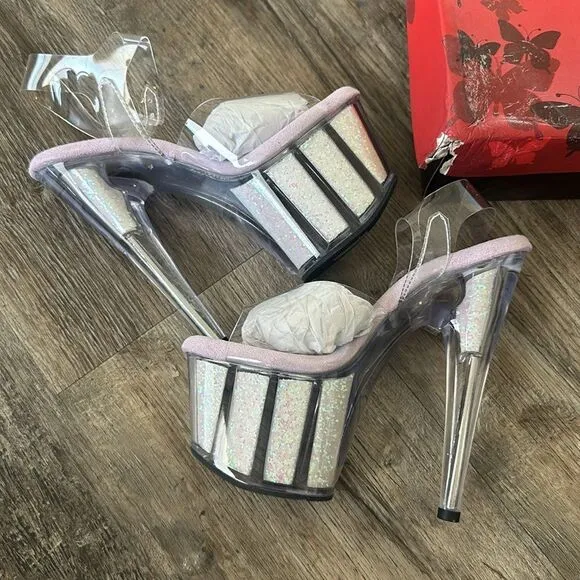 Pleaser Flamingo-808G Sexy Clear Opal Glitter Heel Platform Sandal Womens Size 6