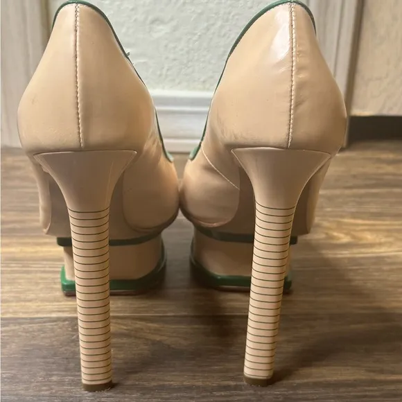 Pollini Women's Green and Tan Peep Toe Heels