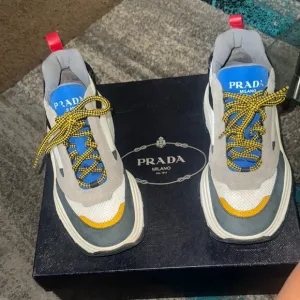 Prada Milano Sneakers with Blue and Yellow Accents