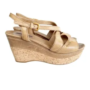Prada Tan Cork Patent Platform Sandals Vintage Leather Y2K , Size 41.5