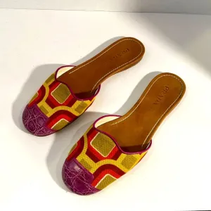Prada Womens Multi-Colored Geometric Print Flats Slides Crocodile Size 38