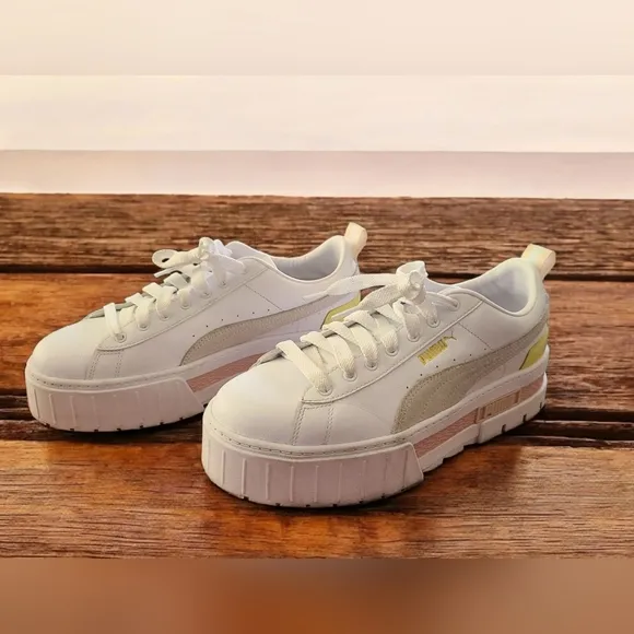 Puma Mayze Lth Lace-Up Platform Sneakers - White Lotus - Women's Size 10