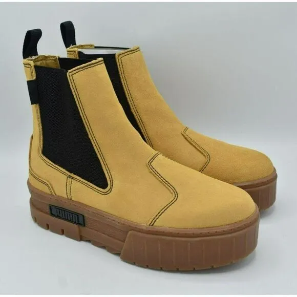 Puma Womens 7 Mayze Suede Taffy Tan Brown Chelsea Platform Boots Shoes