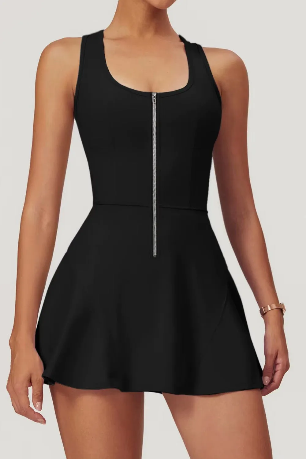 Racerback Zipper Dress - Built-In Bra and Shorts