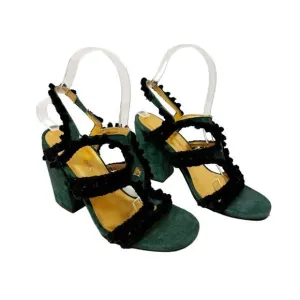 Rachel Comey Chenille Suede Green Black Pom Pom Block Heeled Cage Sandals US 6