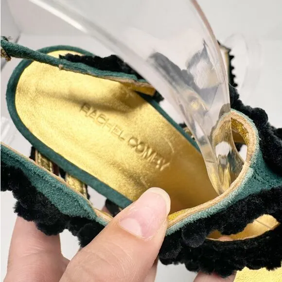 Rachel Comey Chenille Suede Green Black Pom Pom Block Heeled Cage Sandals US 6