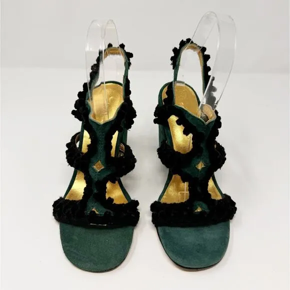Rachel Comey Chenille Suede Green Black Pom Pom Block Heeled Cage Sandals US 6