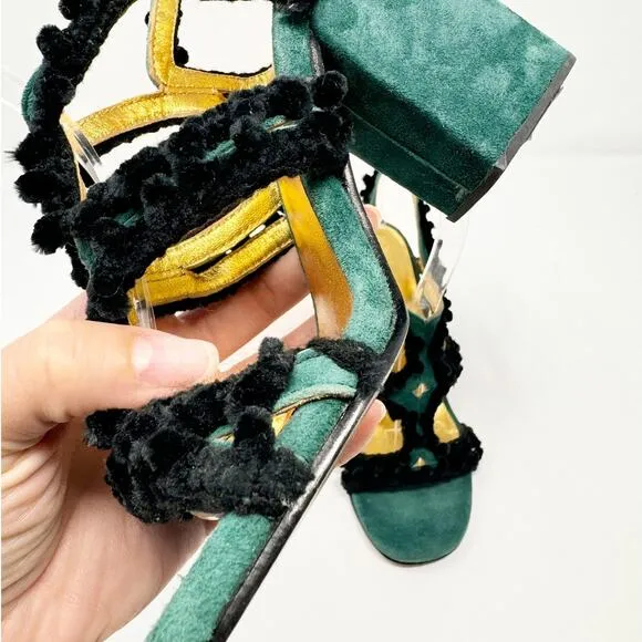 Rachel Comey Chenille Suede Green Black Pom Pom Block Heeled Cage Sandals US 6