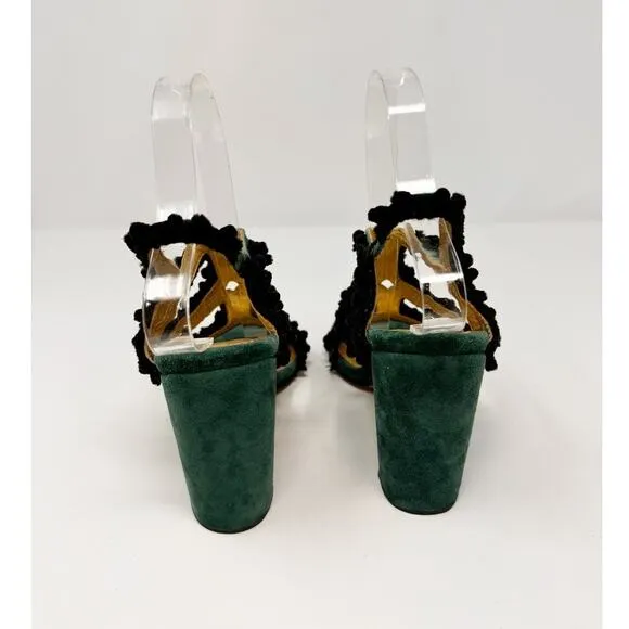 Rachel Comey Chenille Suede Green Black Pom Pom Block Heeled Cage Sandals US 6
