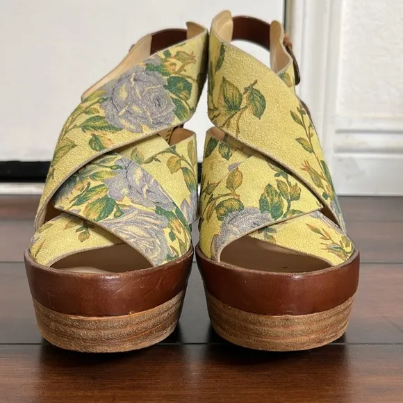 Rag &amp; Bone Sloane Nubuck Platform Sandals 37.5 Floral Peep Toe Boho Cott…