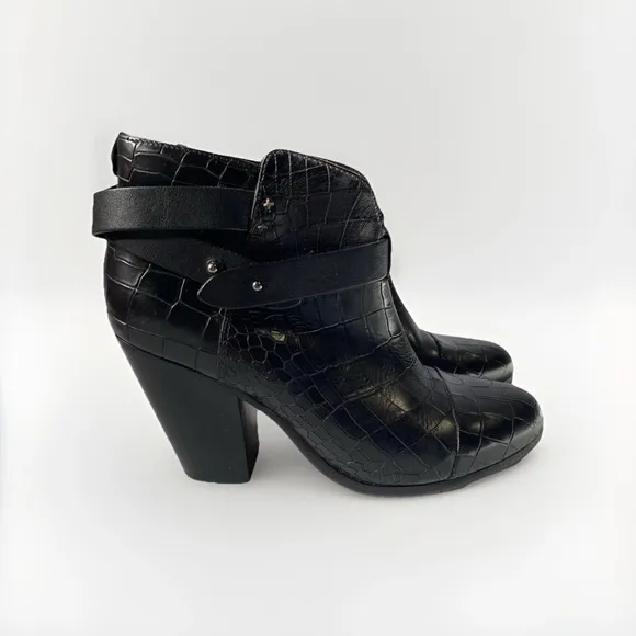 Rag and Bone Harrow Solid Black Crocodile-Embossed Ankle Boots Size 41 or 11