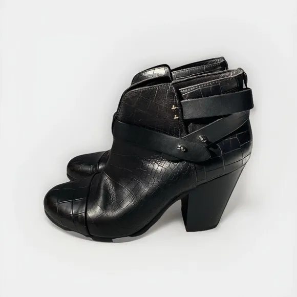 Rag and Bone Harrow Solid Black Crocodile-Embossed Ankle Boots Size 41 or 11