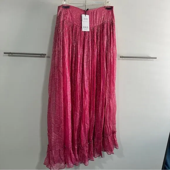Raga Size S Zella Lurex Maxi Skirt NWT Boho Indie Pink Silver Metallic Gypsy New
