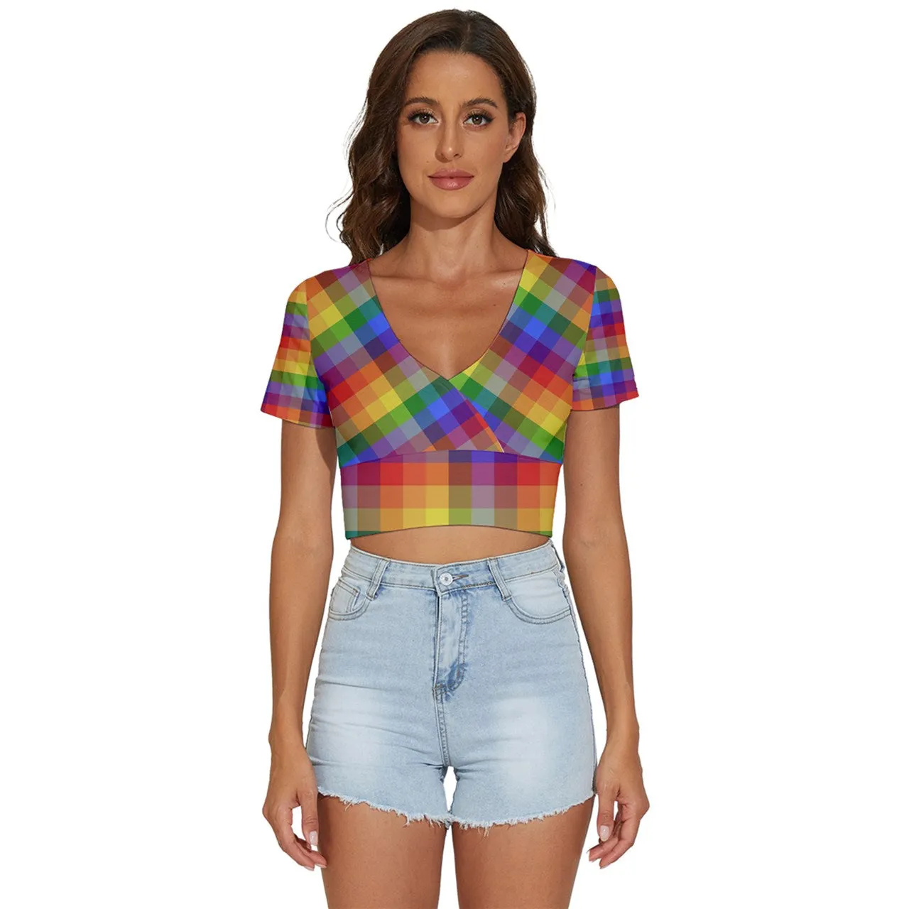 Rainbow Plaid V-Neck Crop Top