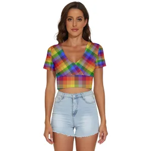 Rainbow Plaid V-Neck Crop Top