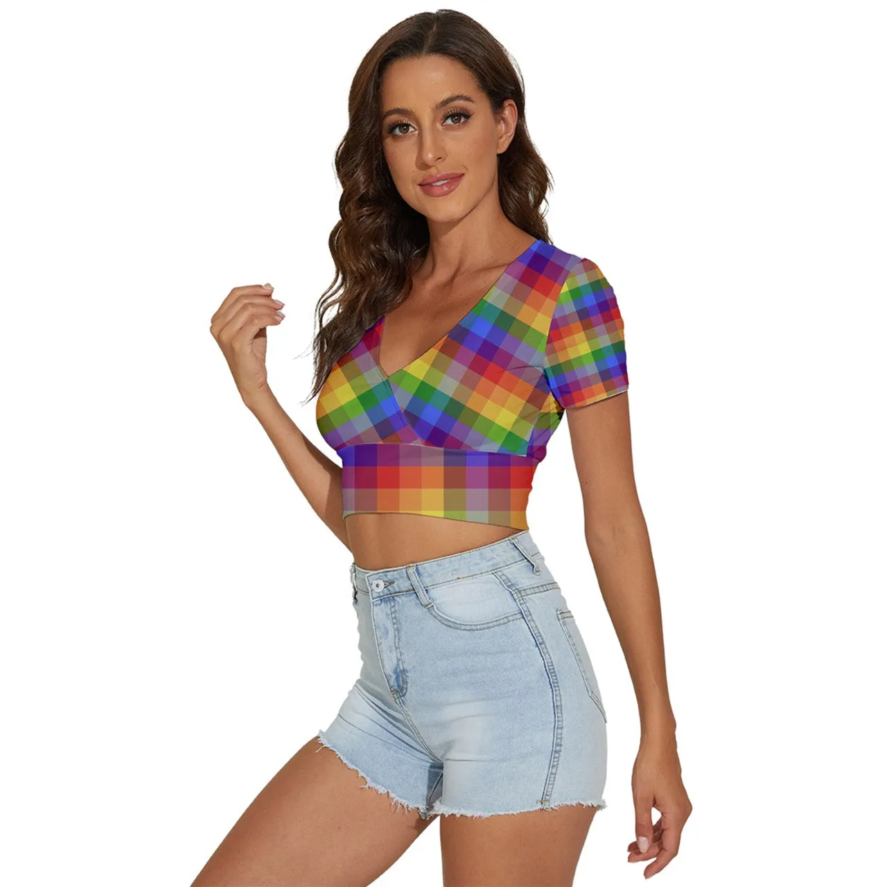 Rainbow Plaid V-Neck Crop Top