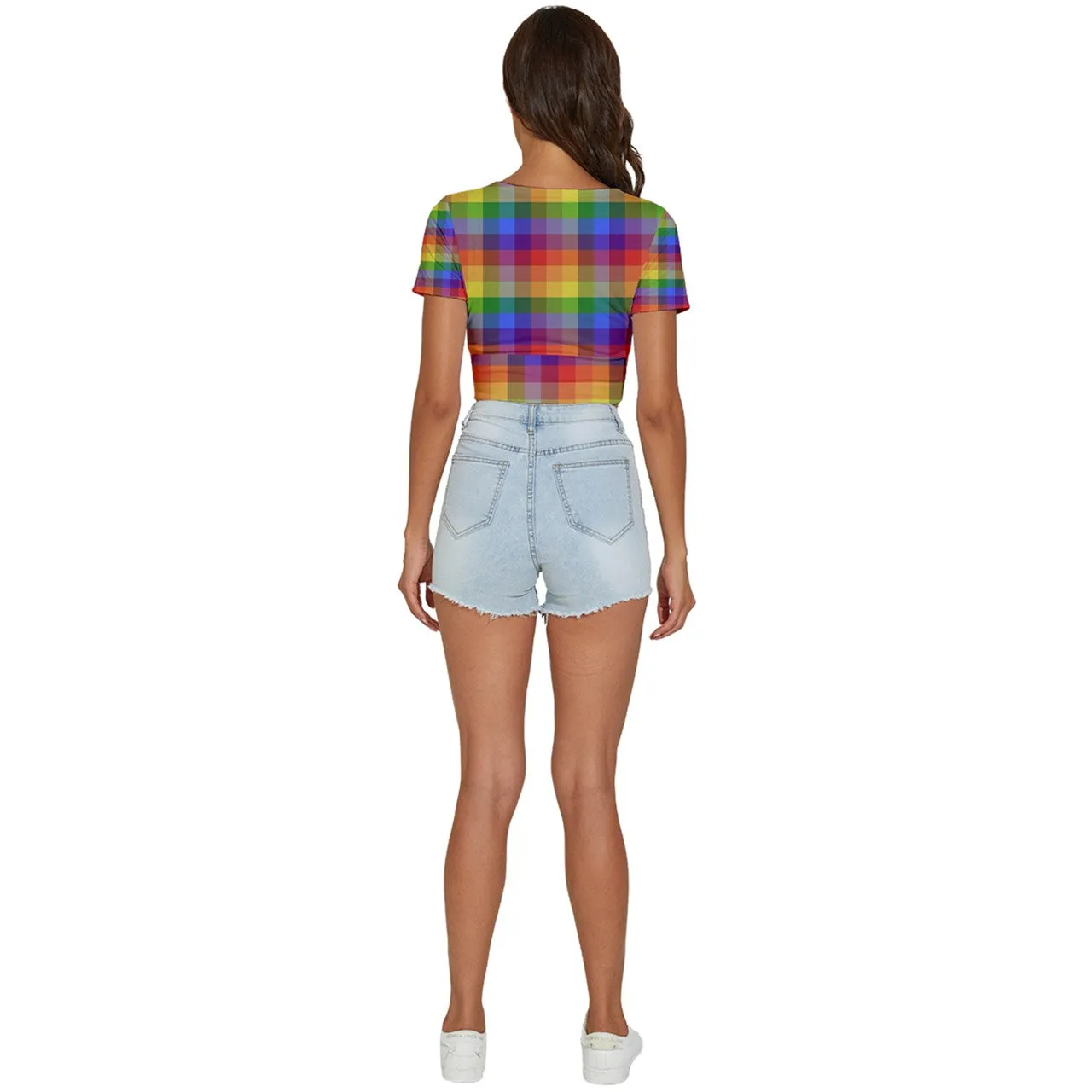 Rainbow Plaid V-Neck Crop Top