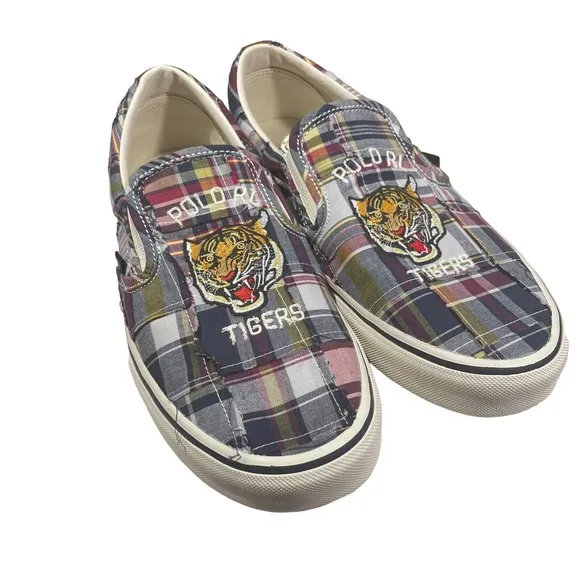 Ralph Lauren Polo Keaton Tiger Plaid Slip On Shoes Patchwork Men's Size 9.5