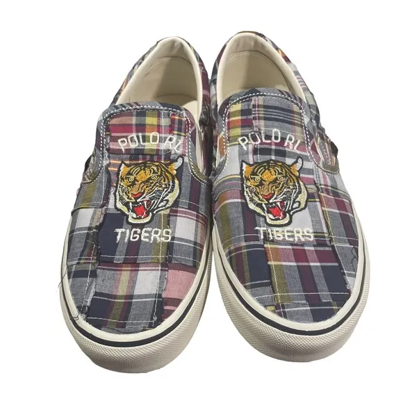 Ralph Lauren Polo Keaton Tiger Plaid Slip On Shoes Patchwork Men's Size 9.5