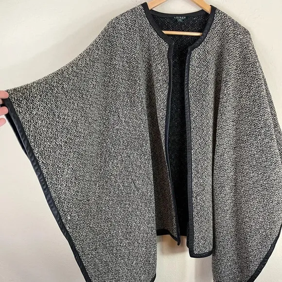Ralph Lauren Wool Leather Trim Cape Poncho in Grey Black Size S/M