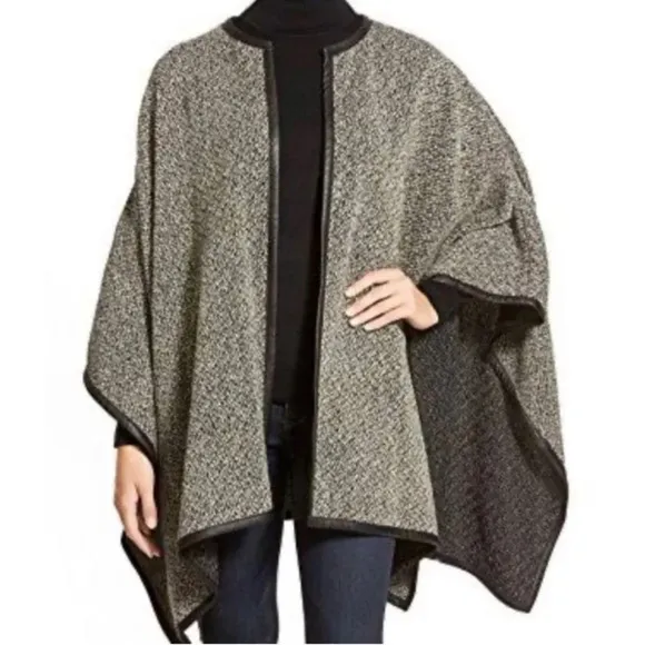 Ralph Lauren Wool Leather Trim Cape Poncho in Grey Black Size S/M