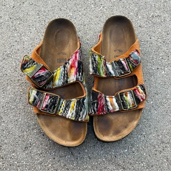RARE BIRKENSTOCK MULTICOLORED YARN BOHO ARIZONA SANDALS Size 37 Orange