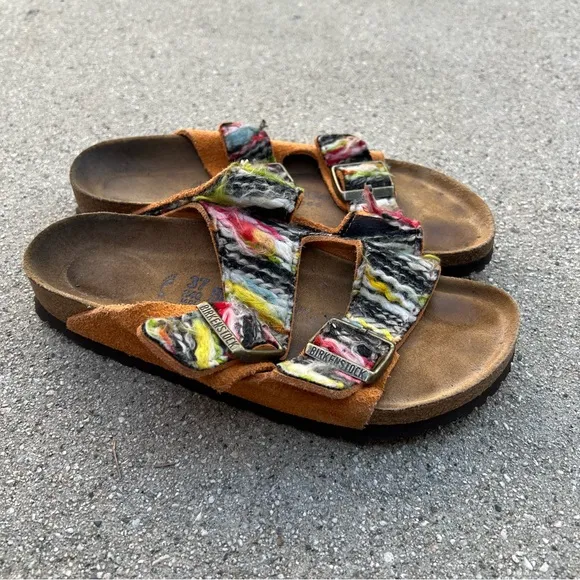 RARE BIRKENSTOCK MULTICOLORED YARN BOHO ARIZONA SANDALS Size 37 Orange