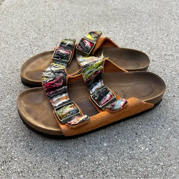 RARE BIRKENSTOCK MULTICOLORED YARN BOHO ARIZONA SANDALS Size 37 Orange