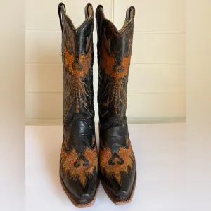 Rare Corral Vintage Inlay Black Cognac Eagle Crystal Studded Boots Size 7