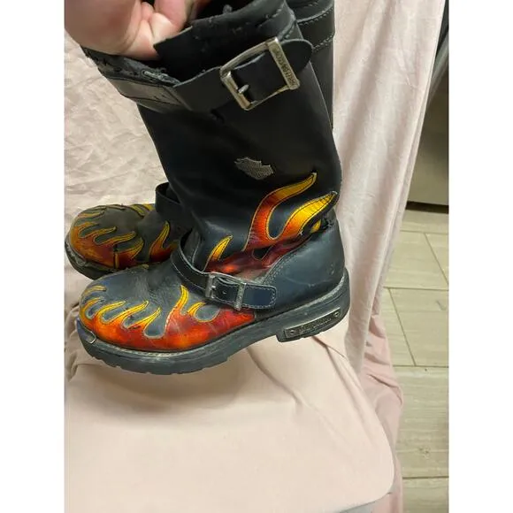 Rare HARLEY-DAVIDSON VINTAGE HARNESS FLAME TALL BLACK LEATHER BIKER BOOTS Size 7
