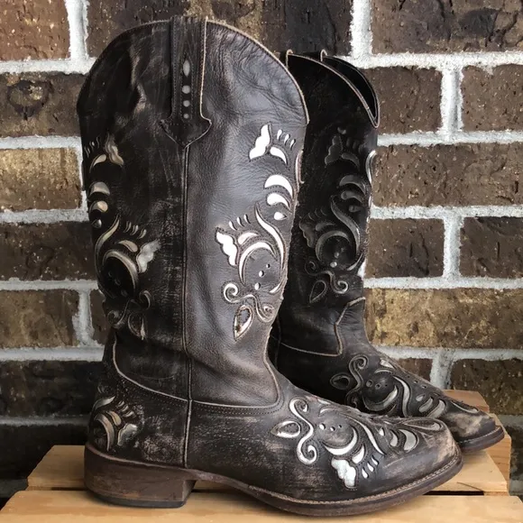 RARE Vintage Roper leather Brown Silver Inlay Boots Country Western Cowboy
